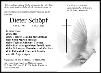 Traueranzeige von Dieter Schöpf von Neue Presse Coburg