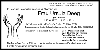 Traueranzeige von Ursula Deeg von Frankenpost