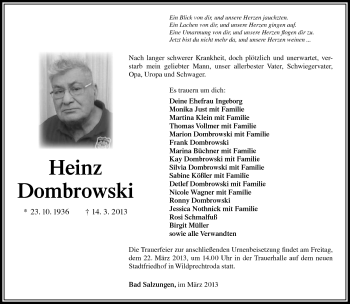 Traueranzeige von Heinz Dombrowski von Südthüringer Presse