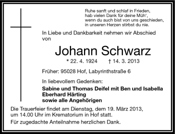 Traueranzeige von Johann Schwarz von Frankenpost