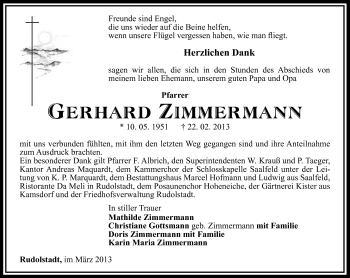 Traueranzeige von Gerhard Zimmermann von Südthüringer Presse