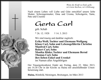 Traueranzeige von Gerta Carl von Südthüringer Presse