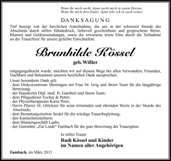 Traueranzeige von Brunhilde Kössel von Südthüringer Presse