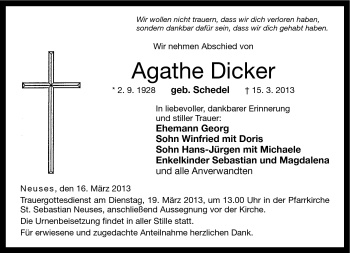 Traueranzeige von Agathe Dicker von Neue Presse Coburg