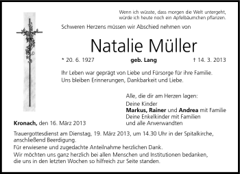 Traueranzeige von Natalie Müller von Neue Presse Coburg