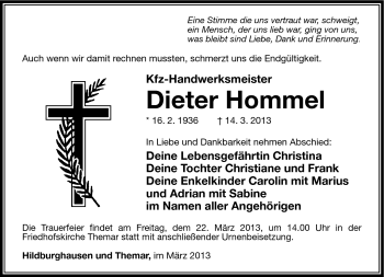 Traueranzeige von Dieter Hommel von Südthüringer Presse