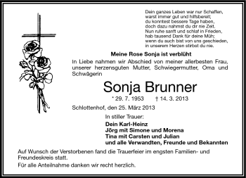 Traueranzeige von Sonja Brunner von Frankenpost