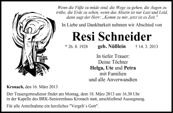 Traueranzeige von Resi Schneider von Neue Presse Coburg
