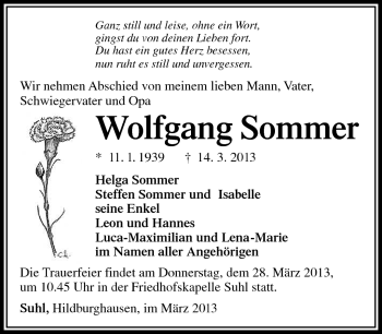 Traueranzeige von Wolfgang Sommer von Südthüringer Presse