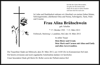 Traueranzeige von Alina Brühschwein von Frankenpost