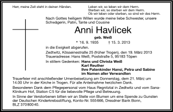 Traueranzeige von Anni Havlicek von Frankenpost