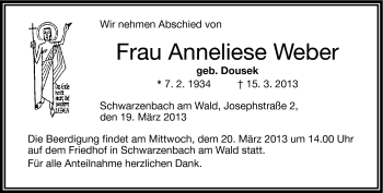 Traueranzeige von Anneliese Weber von Frankenpost