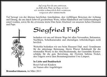 Traueranzeige von Siegfried Fuß von Südthüringer Presse