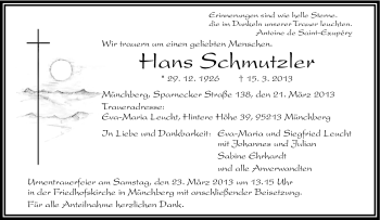 Traueranzeige von Hans Schmutzler von Frankenpost