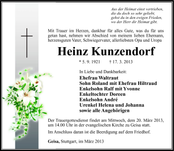 Traueranzeige von Heinz Kunzendorf von Südthüringer Presse