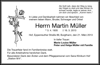 Traueranzeige von Martin Müller von Frankenpost