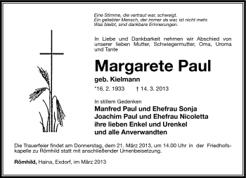 Traueranzeige von Margarete Paul von Südthüringer Presse