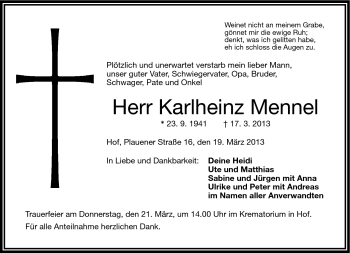 Traueranzeige von Karlheinz Mennel von Frankenpost