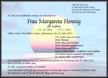Traueranzeige von Margareta Hennig von Frankenpost