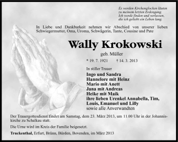 Traueranzeige von Wally Krokowski von Südthüringer Presse