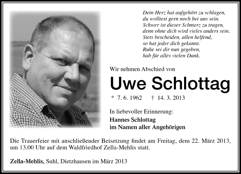  Traueranzeige für Uwe Schlottag vom 19.03.2013 aus Südthüringer Presse