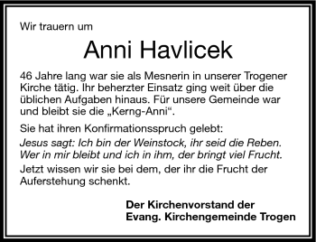 Traueranzeige von Anni Havlicek von Frankenpost