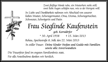 Traueranzeige von Sieglinde Kaufenstein von Frankenpost