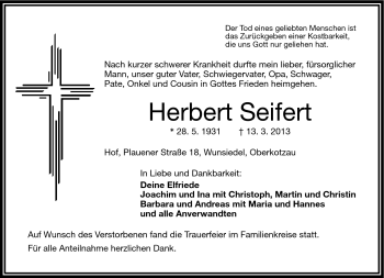 Traueranzeige von Herbert Seifert von Frankenpost