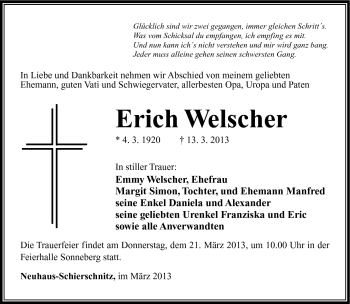 Traueranzeige von Erich Welscher von Südthüringer Presse