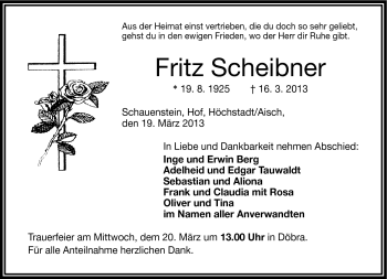 Traueranzeige von Fritz Scheibner von Frankenpost
