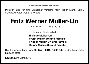 Traueranzeige von Fritz Werner Müller-Uri von Südthüringer Presse