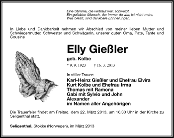 Traueranzeige von Elli Gießler von Südthüringer Presse