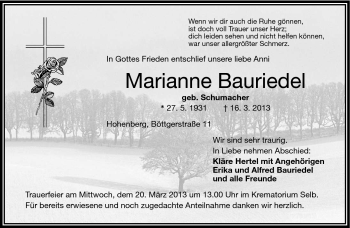 Traueranzeige von Marianne Bauriedel von Frankenpost