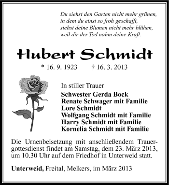 Traueranzeige von Hubert Schmidt von Südthüringer Presse