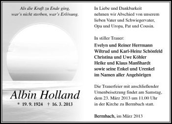 Traueranzeige von Albin Holland von Südthüringer Presse