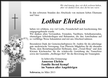 Traueranzeige von Lothar Ehrlein von Südthüringer Presse