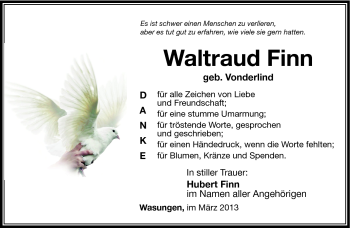 Traueranzeige von Waltraud Finn von Südthüringer Presse