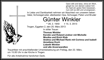 Traueranzeige von Günter Winkler von Frankenpost