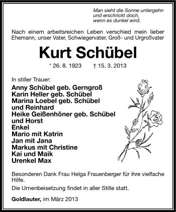 Traueranzeige von Kurt Schübel von Südthüringer Presse