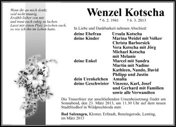 Traueranzeige von Wenzel Kotscha von Südthüringer Presse