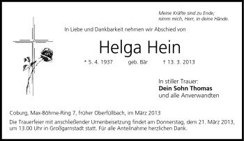 Traueranzeige von Helga Hein von Neue Presse Coburg