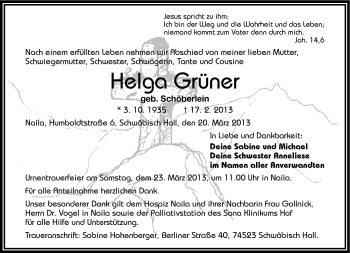 Traueranzeige von Helga Grüner von Frankenpost