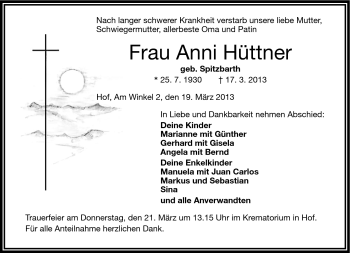 Traueranzeige von Anni Hüttner von Frankenpost