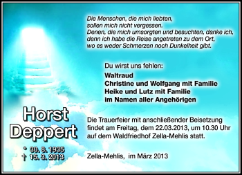 Traueranzeige von Horst Deppert von Südthüringer Presse