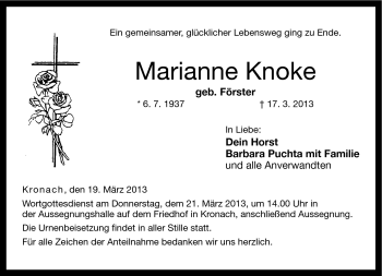 Traueranzeige von Marianne Knoke von Neue Presse Coburg