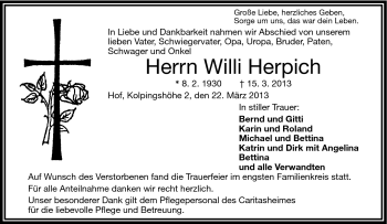 Traueranzeige von Willi Herpich von Frankenpost