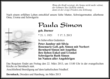 Traueranzeige von Paula Simon von Südthüringer Presse