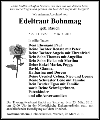 Traueranzeige von Edeltraut Bohnmag von Südthüringer Presse