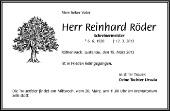 Traueranzeige von Reinhard Röder von Frankenpost