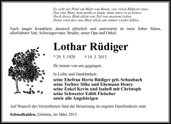 Traueranzeige von Lothar Rüdiger von Südthüringer Presse